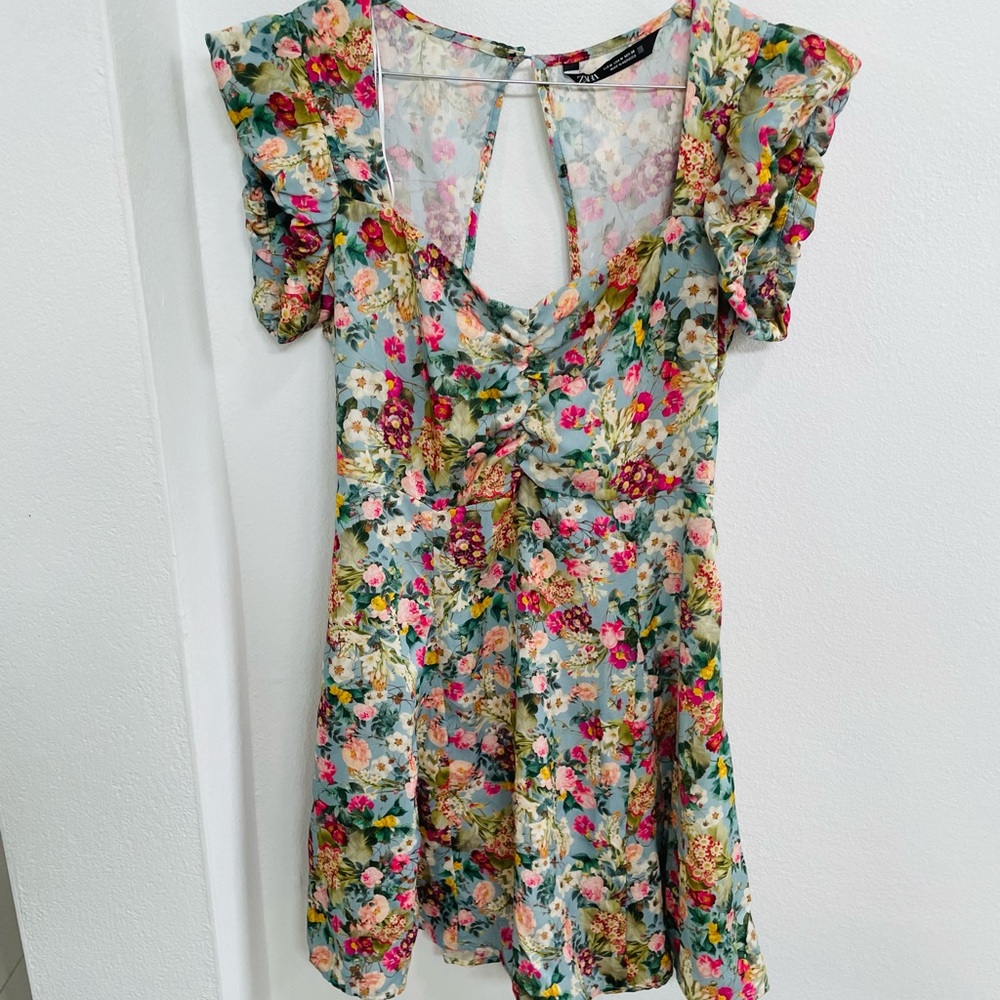ZARA floral puff sleeve mini dress